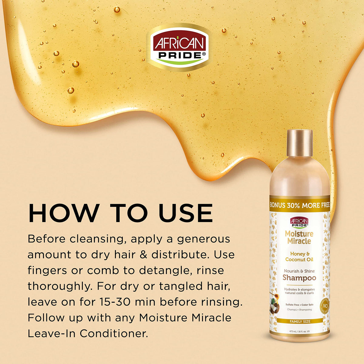 African Pride Moisture Miracle - For Natural Coils & Curls, Nourishes & Shines, Sulfate Free, Color Safe (Shampoo)