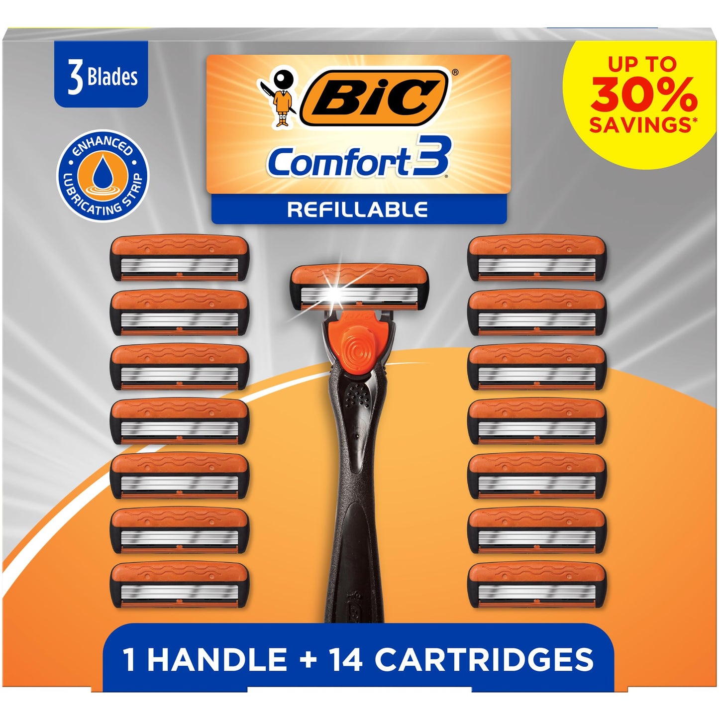 BIC Comfort 3 Refillable Disposable Razors for Men, 1 Handle and 14 Cartridges With 3 Blades, 15 Piece Razor Kit for Men Beauty and Personal Care BIC
