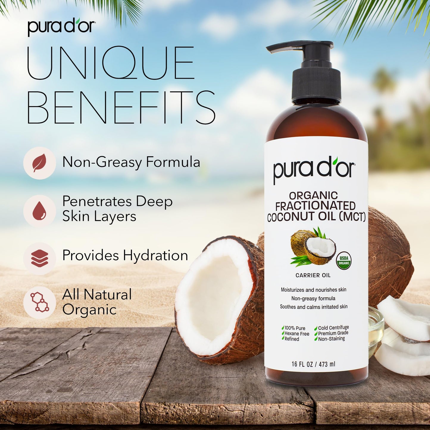 PURA D'OR ORGANIC Fractionated Coconut Oil MCT Oil (16 Oz) 100% Pure & Natural USDA Certified Beauty & Personal Care PURA D'OR