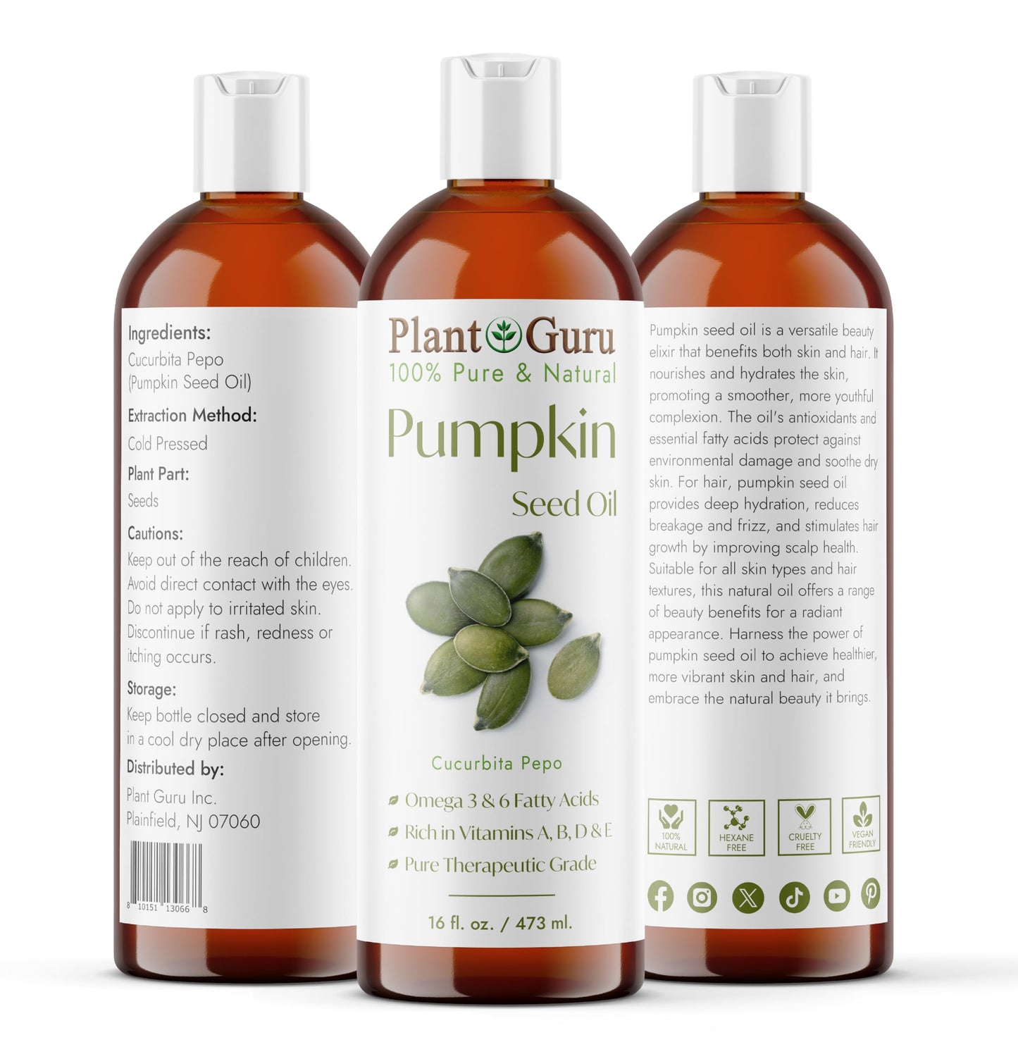 Plant Guru Pumpkin Seed Oil 16 oz. Virgin, Unrefined Cold Pressed 100% Pure Natural - Ideal for Skin, Face, Body, and Hair Moisturizer. Great for DIY Beauty & Personal Care Plant Guru