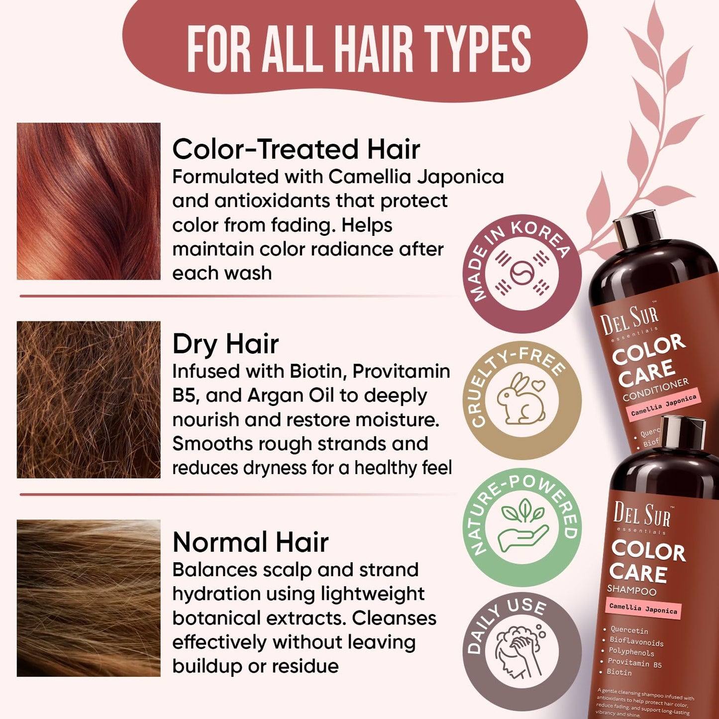 DEL SUR Color Safe Shampoo and Conditioner Set for Color Treated Hair | Camellia Japonica, Quercetin & Biotin | Anti-Frizz & Hydrating | 16 fl oz Each Beauty & Personal Care DEL SUR