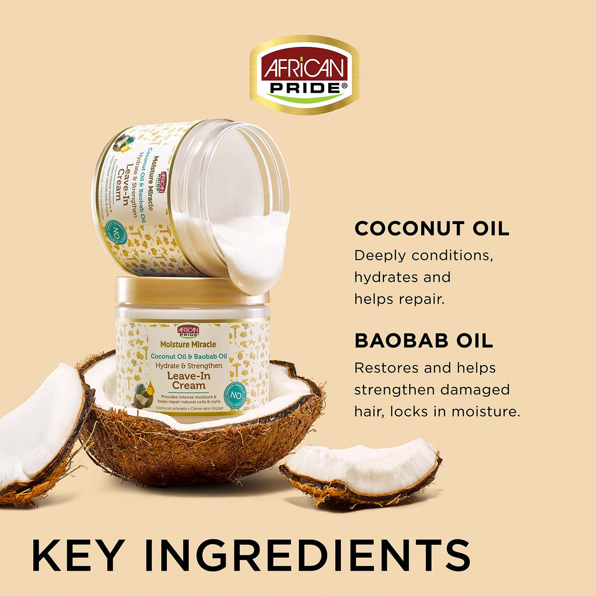 African Pride Moisture Miracle Coconut Oil & Baobab Oil Leave-In Cream - Provides Intense Moisture & Helps Repair Natural Coils & Curls, Hydrates &