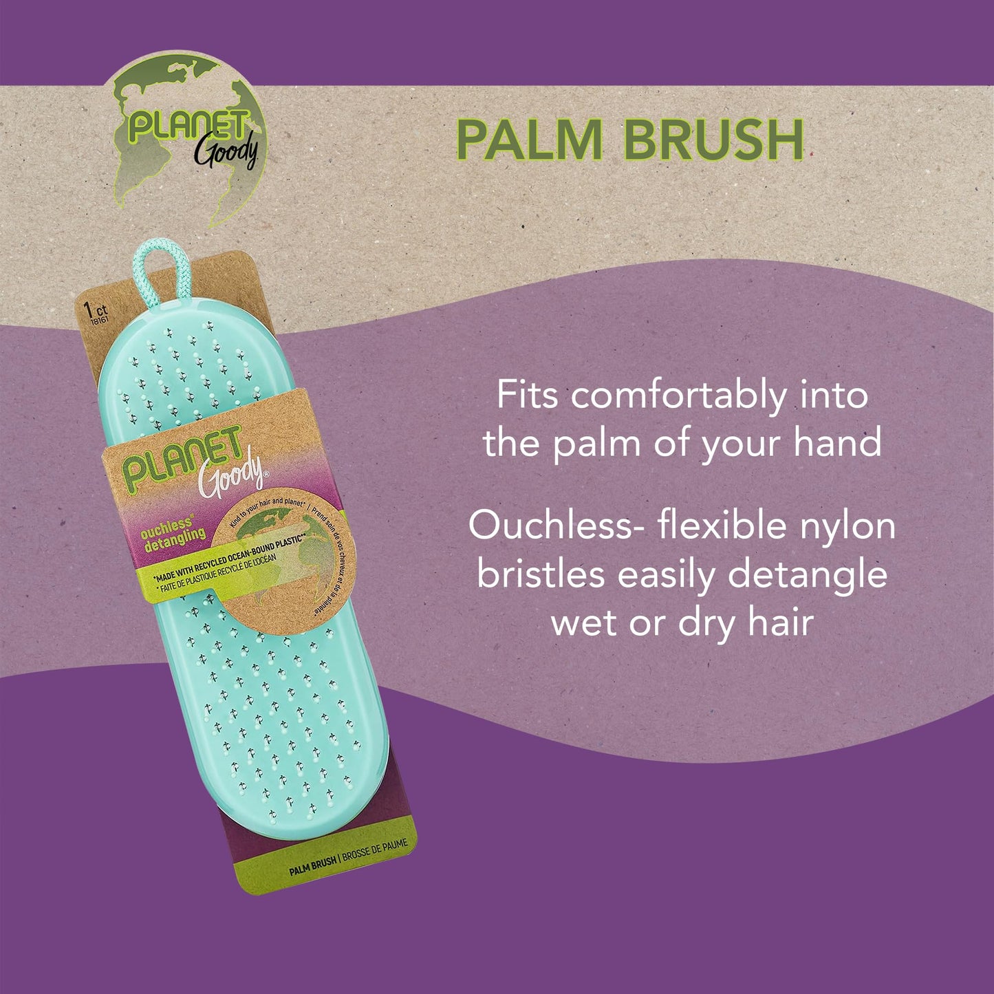GOODY Planet Detangling Palm Hair Brush - Teal - Detangler Comb for Women,Men,and Kids - Wet or Dry - for Natural,Straight,Thick and Curly Hair - Made Beauty & Personal Care GOODY