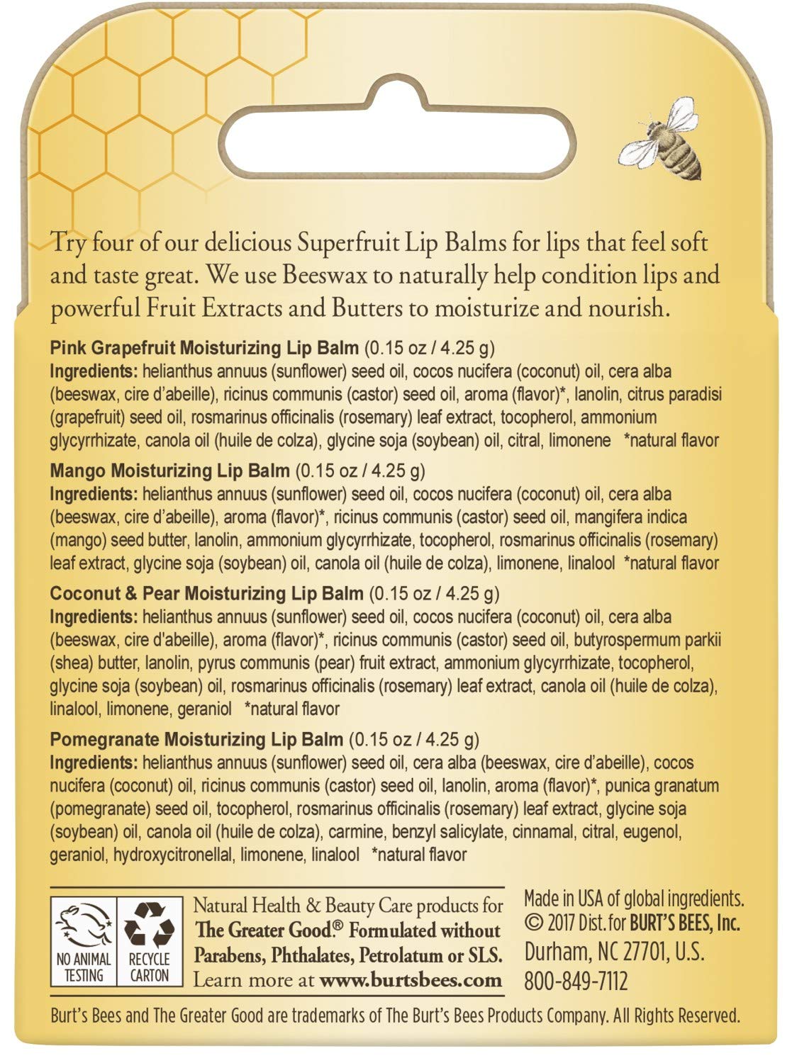 Burt's Bees 100% Natural Moisturizing Lip Balm, Superfruit - Pink Grapefruit, Mango, Coconut & Pear, Pomegranate - 4 Tubes Beauty and Personal Care Burt's Bees