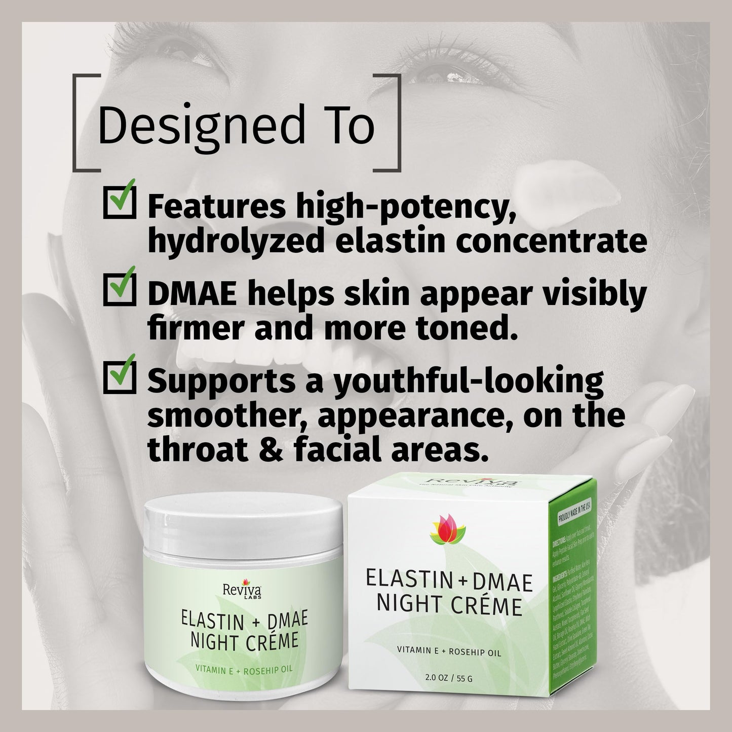 Reviva Labs Elastin and DMAE Cream - Firming Night Cream for Face, Neck, and Throat Area - Facial Moisturizer for Women, Tightening and Lifting Cream Beauty & Personal Care Reviva Labs