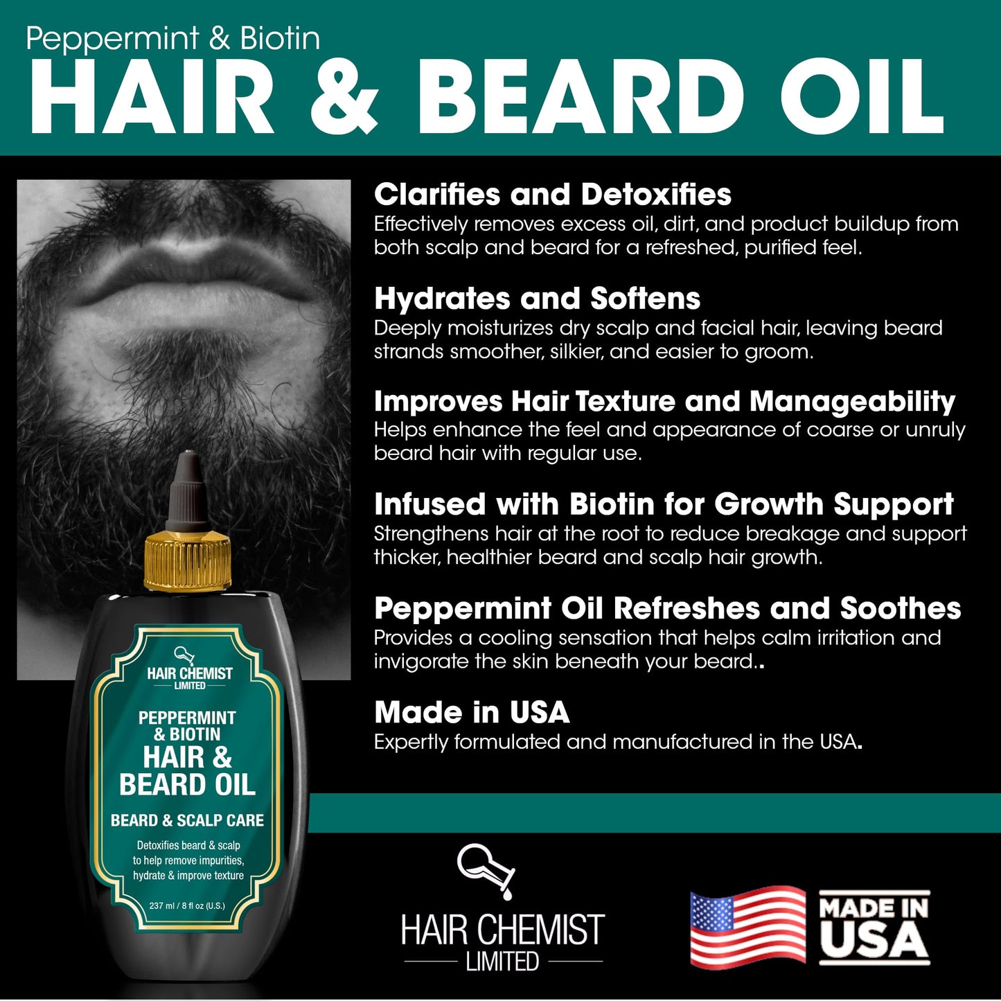 Hair Chemist Beard & Scalp Care Peppermint & Biotin Hair & Beard Oil 8 oz. Beauty & Personal Care Hair Chemist
