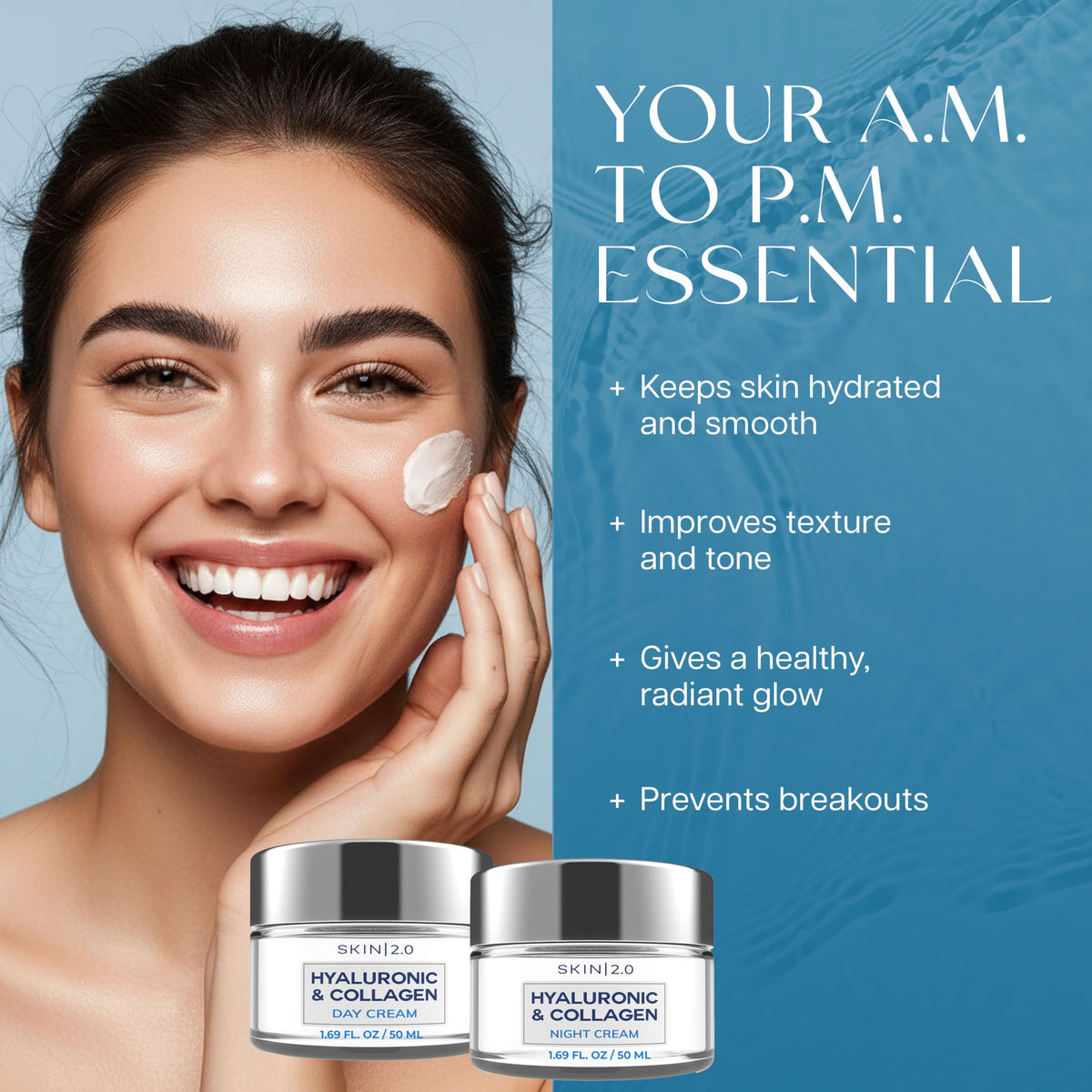 Skin 2.0 Hyaluronic Acid & Collagen Face Moisturizer - Deep Hydration & Firming Cream for Smooth, Youthful Look - Dermatologist Tested, Korean Skin Beauty & Personal Care Skin 2.0