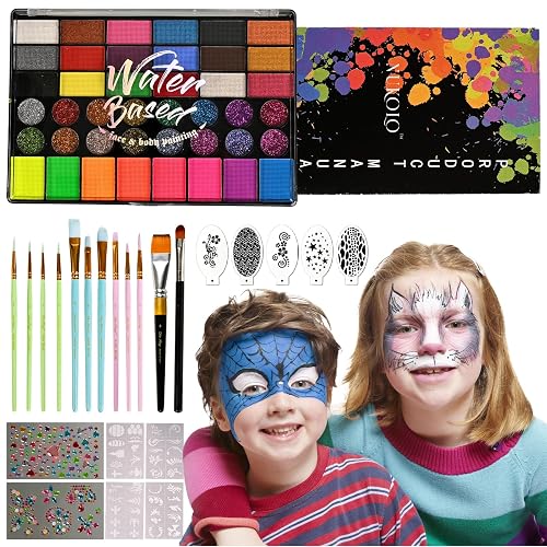 KNLDEFV 42 Color Kids Face Painting Kit, Non Toxic Water Activated Face Paint Palette with Stencils, Brush, Sparkle Gems. Perfect for Birthday Beauty & Personal Care KNLDEFV