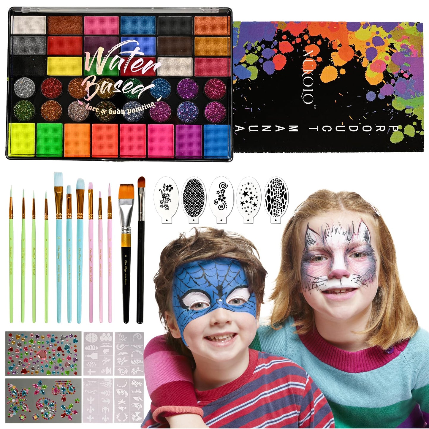 KNLDEFV 42 Color Kids Face Painting Kit, Non Toxic Water Activated Face Paint Palette with Stencils, Brush, Sparkle Gems. Perfect for Birthday Beauty & Personal Care KNLDEFV