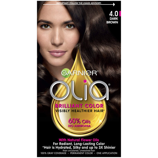 Garnier Olia Ammonia Free Permanent Hair Color, 100% Gray Coverage (Packaging May Vary), 4.0 Dark Brown Hair Dye, Pack of 1 Beauty & Personal Care Garnier