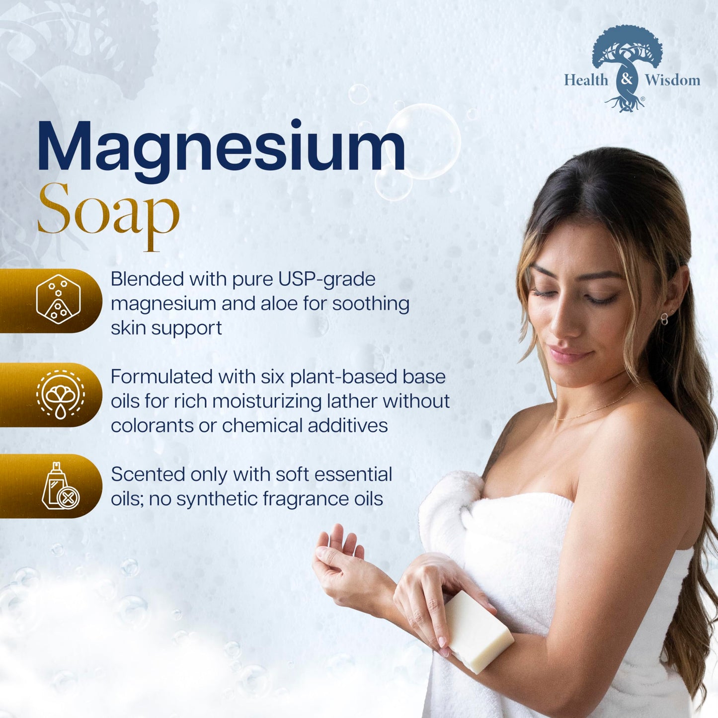 Health & Wisdom Magnesium Bar Soap - Moisturizing Body Soap - Made with Aloe & Nourishing Plant Oils and Essential Oils - Gentle Cleanser for Face Beauty & Personal Care Health and Wisdom