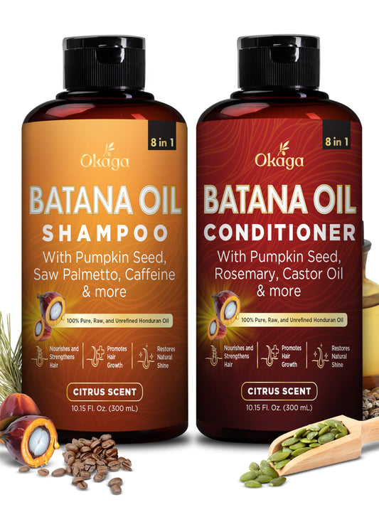 Batana Oil Shampoo & Conditioner Bundle (Okaga Shower Set) with Aloe Vera Leaf Juice, Saw Palmetto, Caffeine, Biotin, Jojoba, Pumpkin Seed, Castor Beauty & Personal Care Okaga
