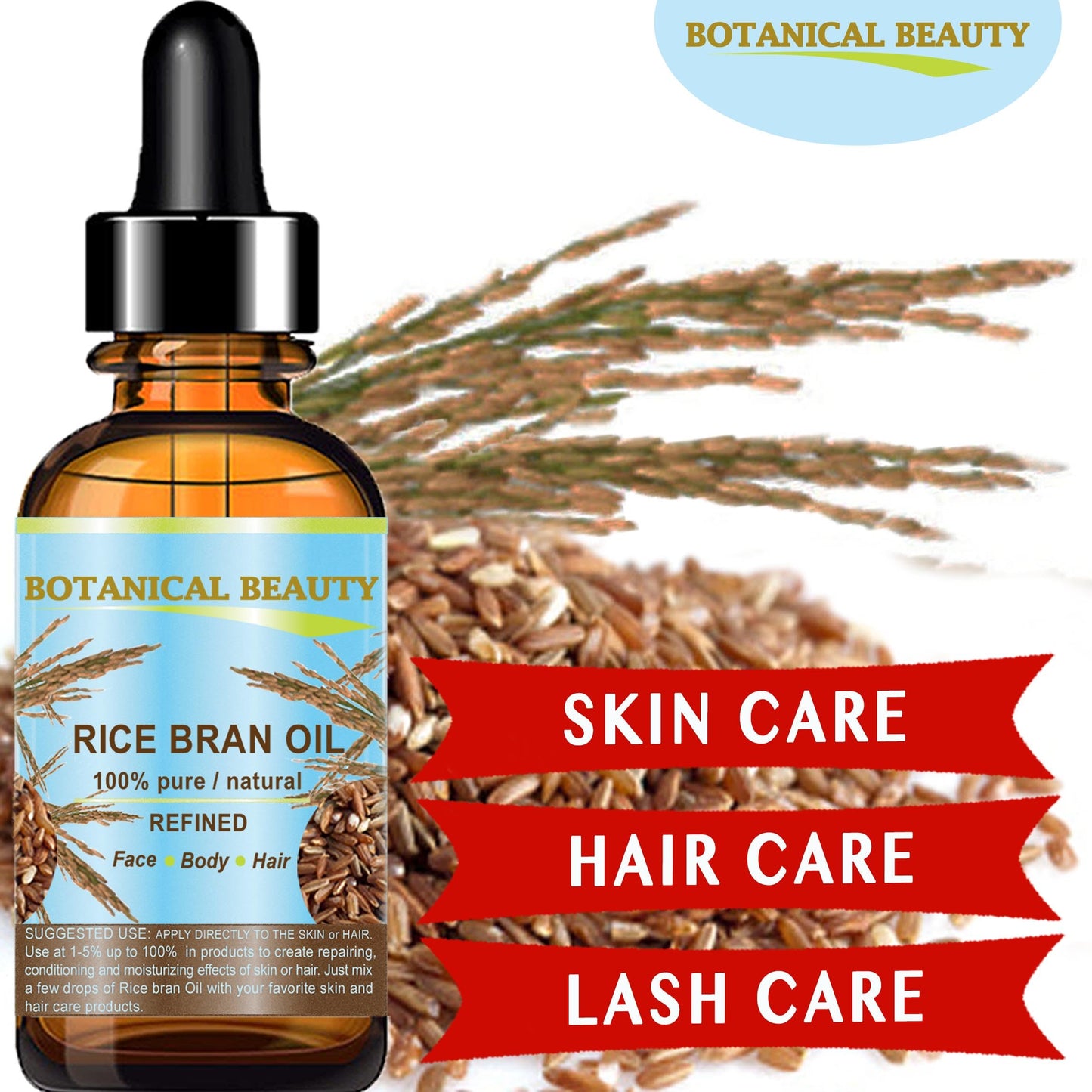 Botanical Beauty RICE BRAN OIL 100% Pure Natural Refined Undiluted Cold Pressed Carrier Oil for Face, Skin, Body, Hair, Massage, Nails. (2 Fl Oz) Beauty & Personal Care Botanical Beauty