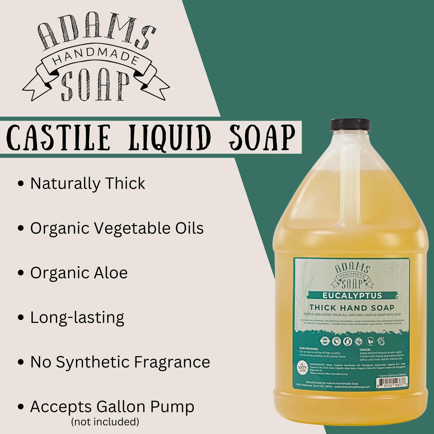 Adams Handmade Soap Thick Organic Castile Liquid Hand Soap 1 Gallon Refill - Eucalyptus Beauty & Personal Care Adams Handmade Soap