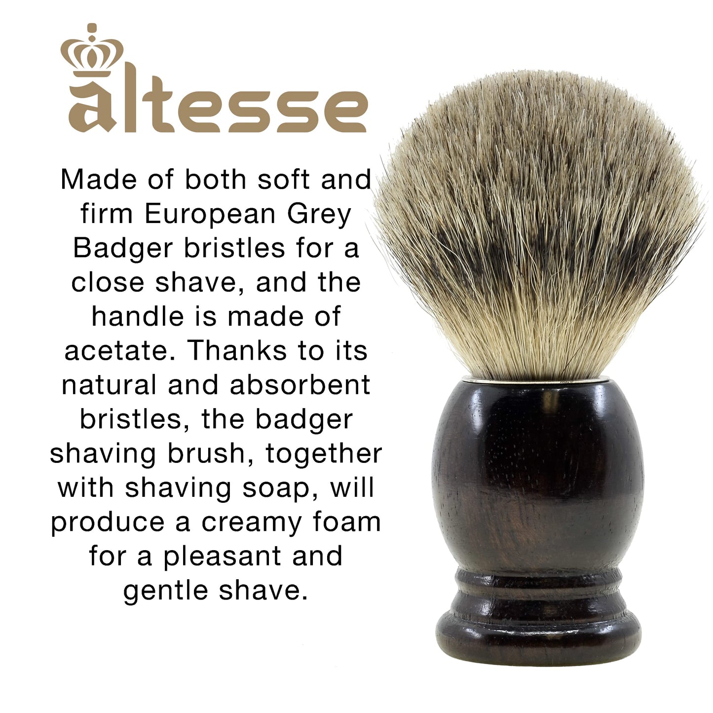 Altesse 75108 European Grey Badger Shaving Brush for Shave Cream, Shaving Soap, Shaving Cream Foam and Lather for Wet Shave With Shaving Razor, Safety Beauty and Personal Care Altesse