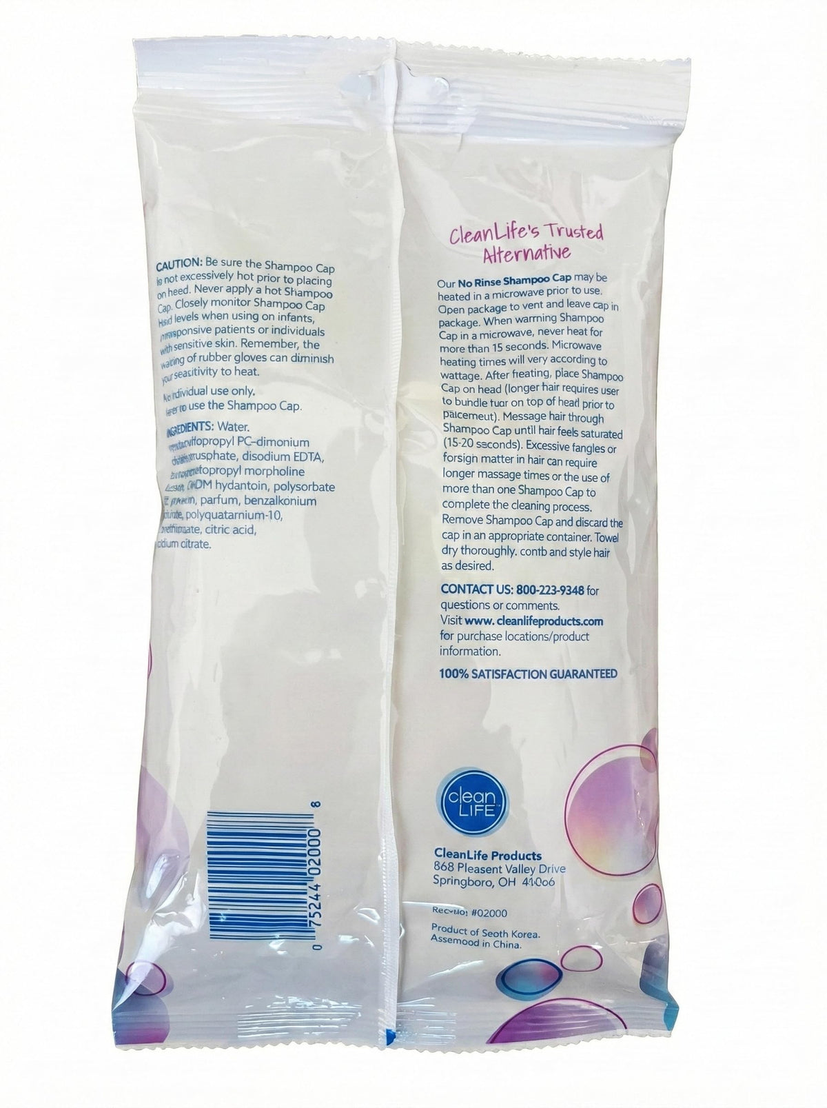 No-Rinse Cleanlife Products Shampoo Cap (2 Pack) - Waterless, Rinse Free Hair Washing and Conditioning Shower Caps for Bathing Elderly, Bedridden,