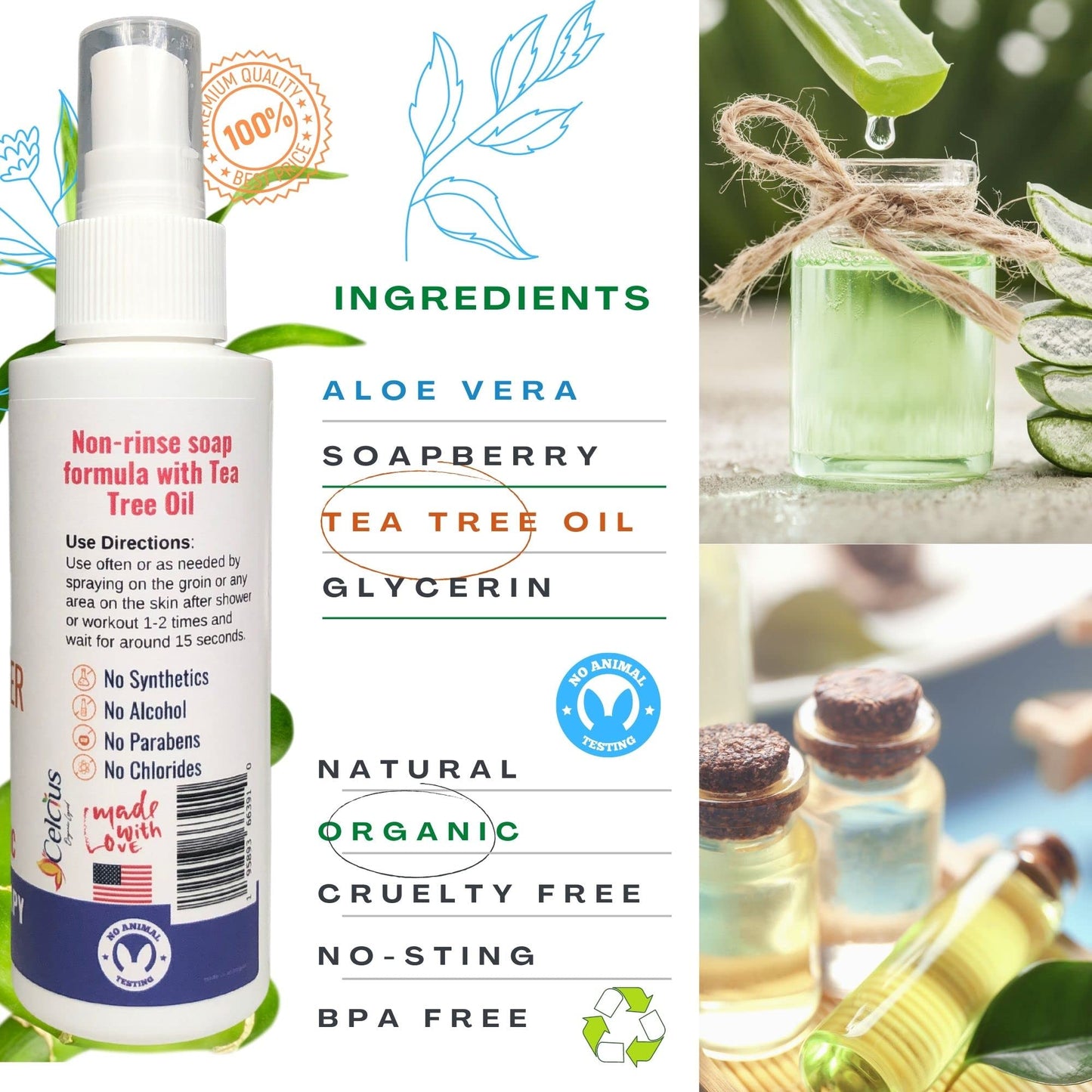 All Natural Ball Spray Deodorant for Men. Groin Deodorant Spray with Organic Tea Tree Oil. All Natural Crotch Itch Spray. Beauty and Personal Care Organic Life
