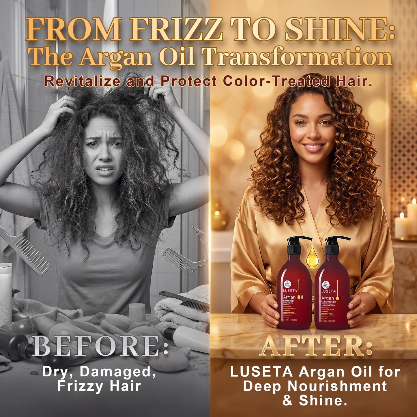 LUSETA Argan Oil Shampoo and Conditioner Set for Dry Damaged Hair - Smoothing & Thickening Treatment for Fine Thin Hair, Anti-Frizz Nourishing Formula Beauty & Personal Care L LUSETA