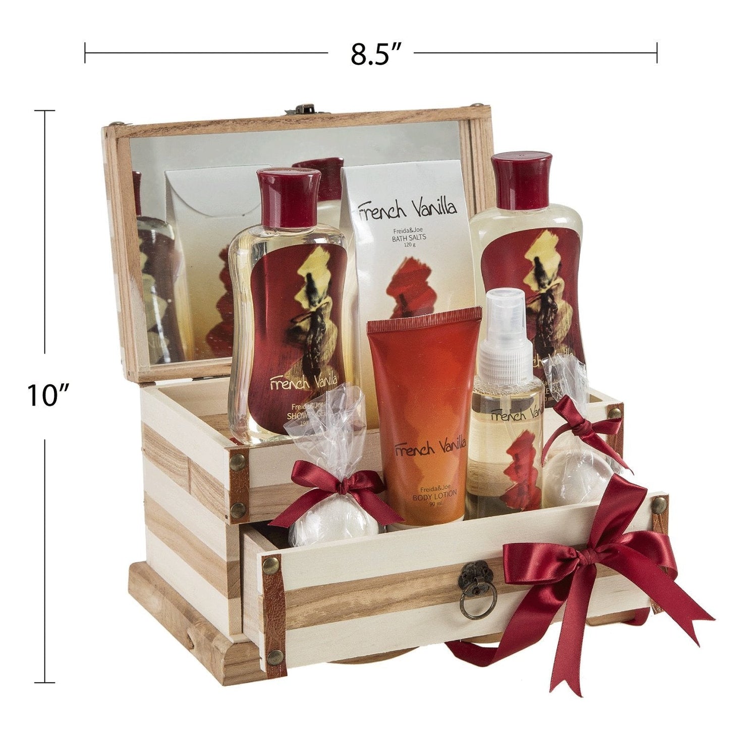 French Vanilla Bath Set Essential Bath and Body Basket: 2 Vanilla Bath Bombs, Body Lotion, Body Spray, Bath Salts, etc in a Wooden Jewelry Box Gift Beauty & Personal Care Freida and Joe