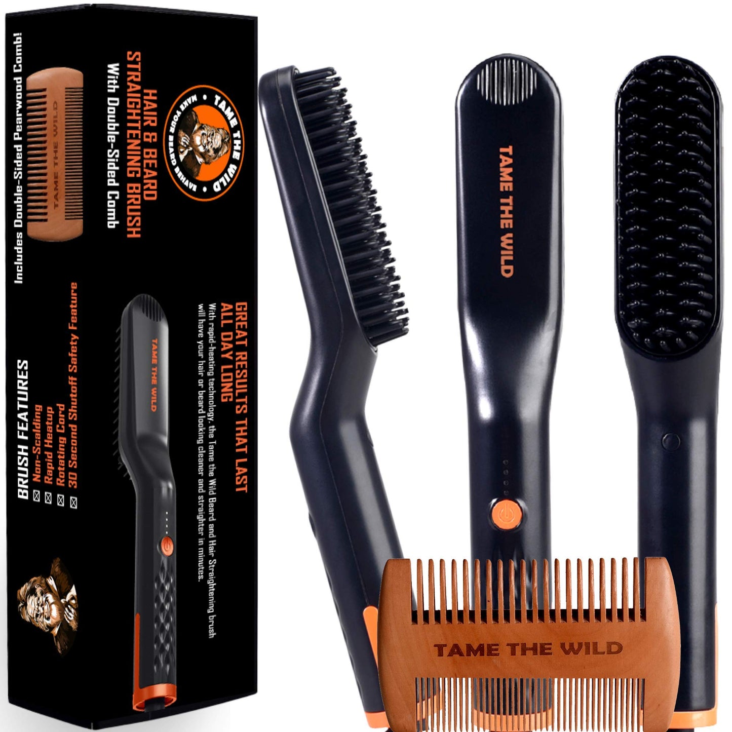 TAME The Wild Beard Brush and Beard Straightener for Men - Ionic Heated Comb with 3 Adjustable Temps - Wooden Beard Comb for Grooming - Anti-Scald Beauty and Personal Care TAME THE WILD MAKE YOUR BEARD BEHAVE