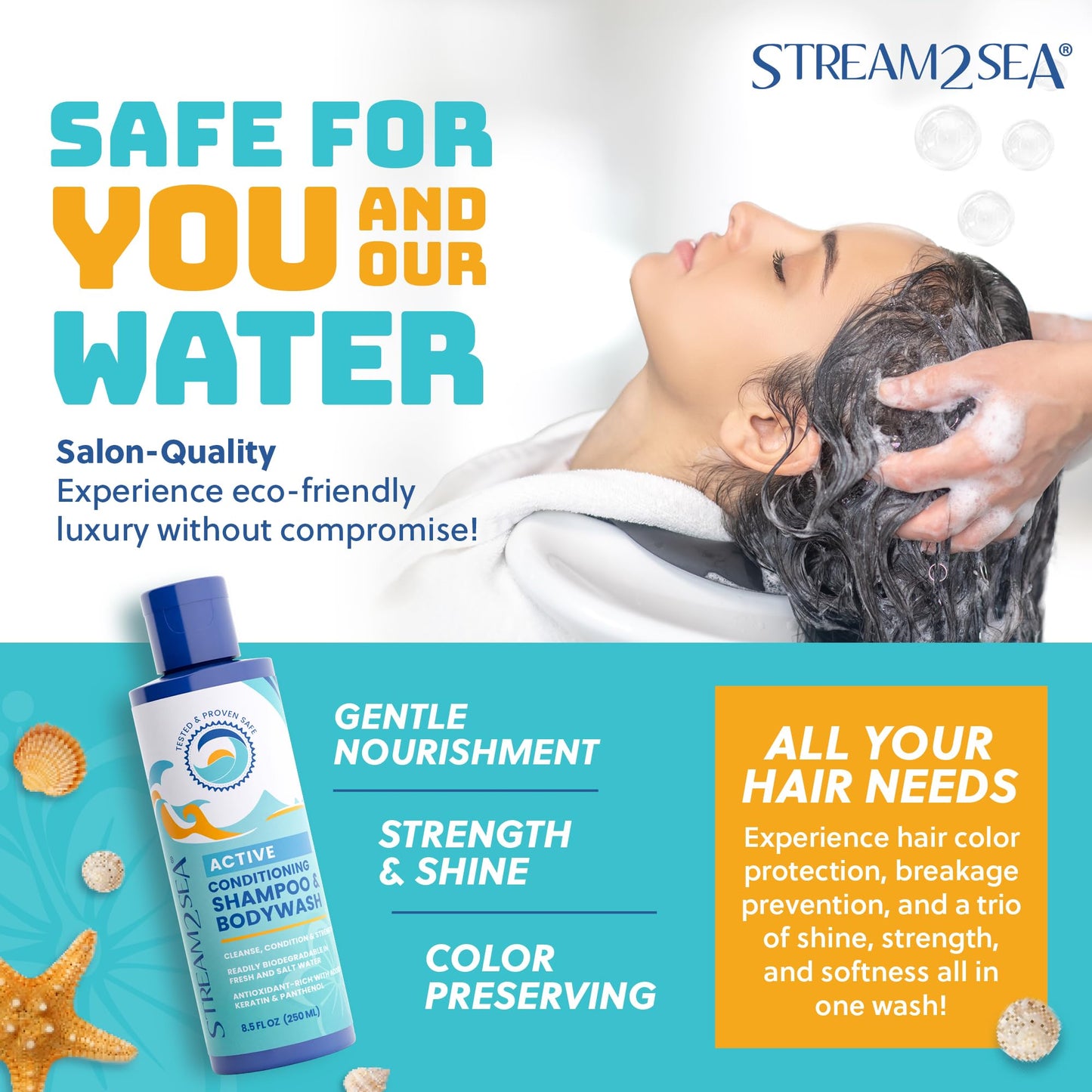 STREAM 2 SEA Shampoo and Conditioner, Body Wash 3 in 1 for Swim, Reef Safe Swimmers Shampoo for Men, Women & Kids, All Natural Organic Biodegradable Beauty & Personal Care STREAM 2 SEA