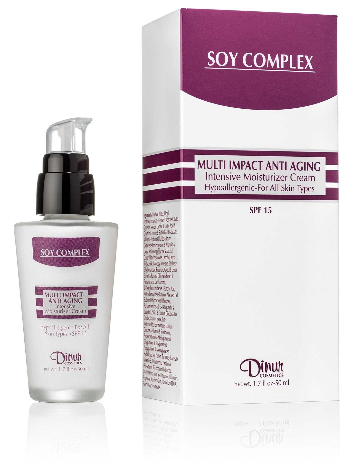 Dinur Cosmetics Soy Complex Multi Impact Anti Aging Moisturizer Cream SPF 15 Reduces Fine Lines & Wrinkles Stress Relief & HYdrates Skin 1.7 oz. 50 ml Beauty & Personal Care Dinur Cosmetics