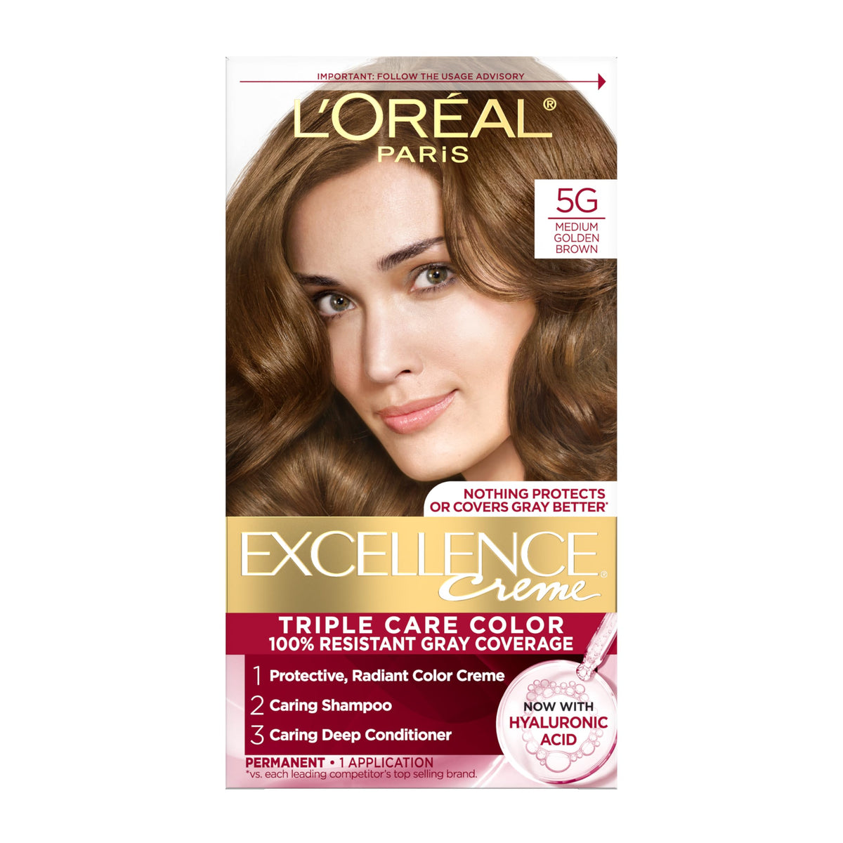 L'Oreal Paris Excellence Crème Permanent Hair Dye, Triple Care Hair Color with Pro-Keratine Complex for 100% Gray Hair Coverage, 5G Medium Golden Beauty & Personal Care L'Oreal Paris
