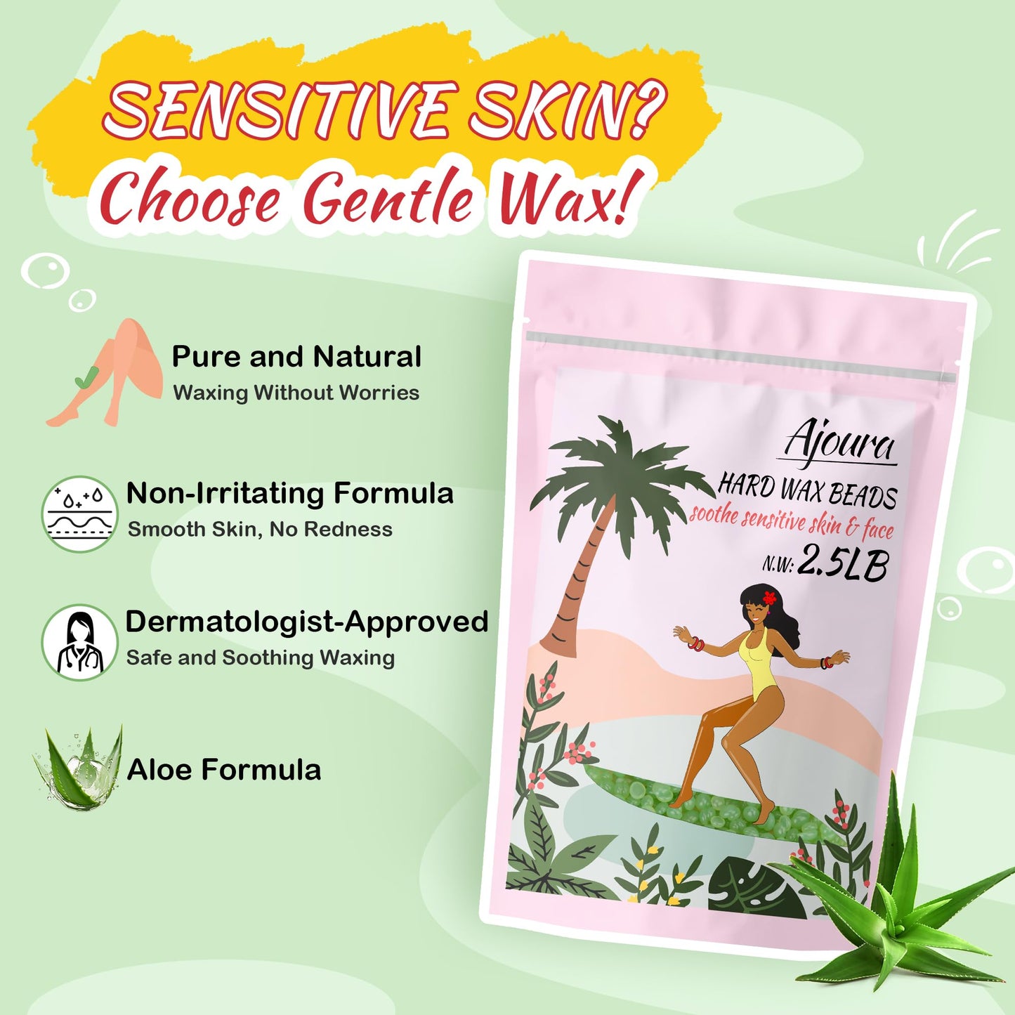 Ajoura 2.5LB Aloe Hard Wax Beads, Premium Wax for Sensitive Skin Hair Removal, Perfect for Full Body, Bikini, Face, Eyebrow, Back, Chest, Legs Beauty and Personal Care Ajoura