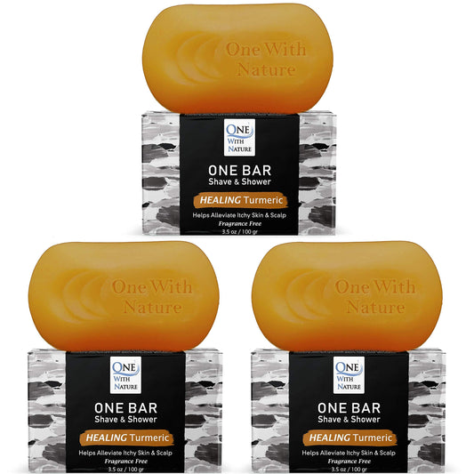 ONE Bar Healing Turmeric, Fragrance Free 3.5 oz 3 Pack - Shave, Shower, Shampoo, face, beard, body, hair/scalp, SuperFAT “oil” Infused: Avocado Beauty & Personal Care One With Nature