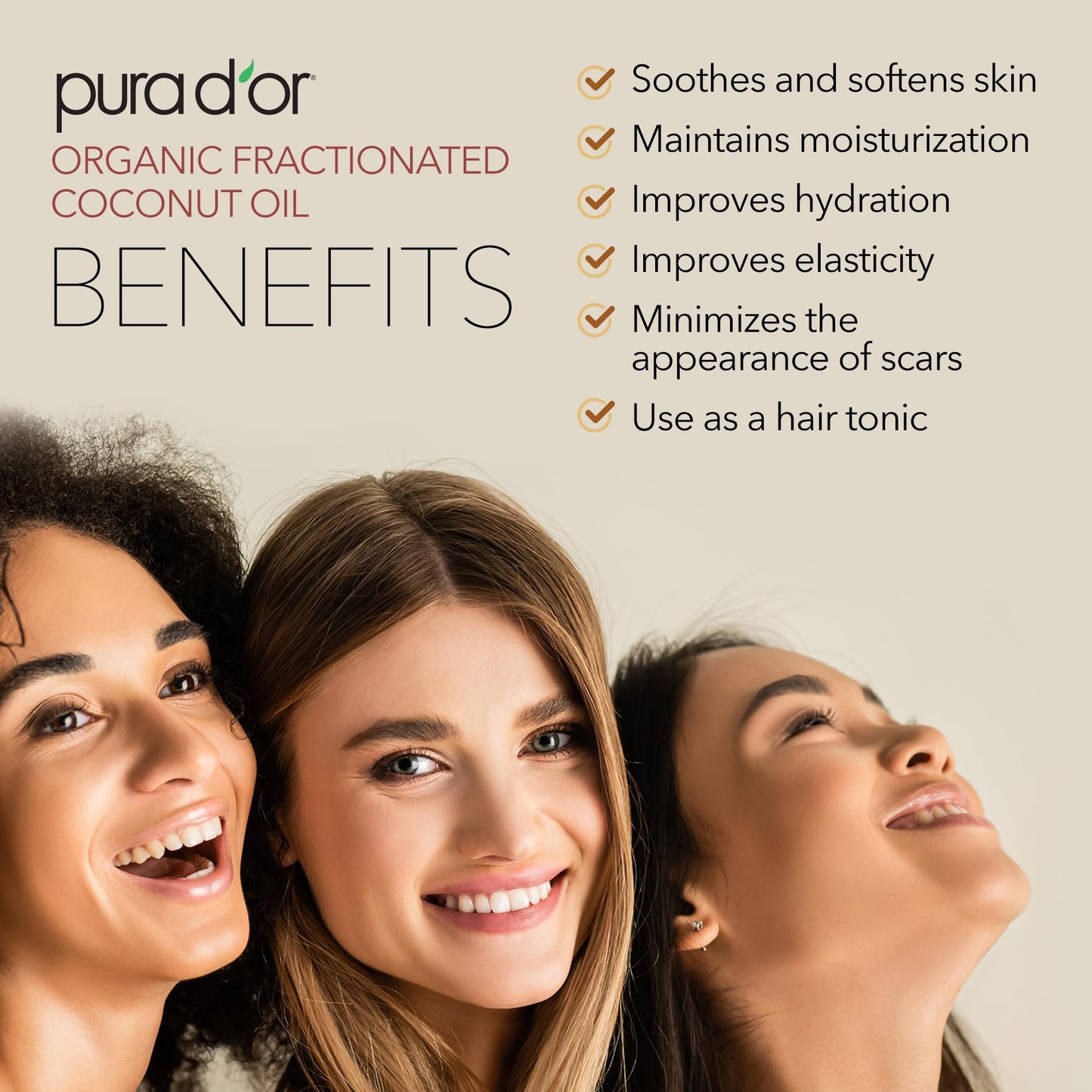 PURA D'OR ORGANIC Fractionated Coconut Oil MCT Oil (16 Oz) 100% Pure & Natural USDA Certified Beauty & Personal Care PURA D'OR