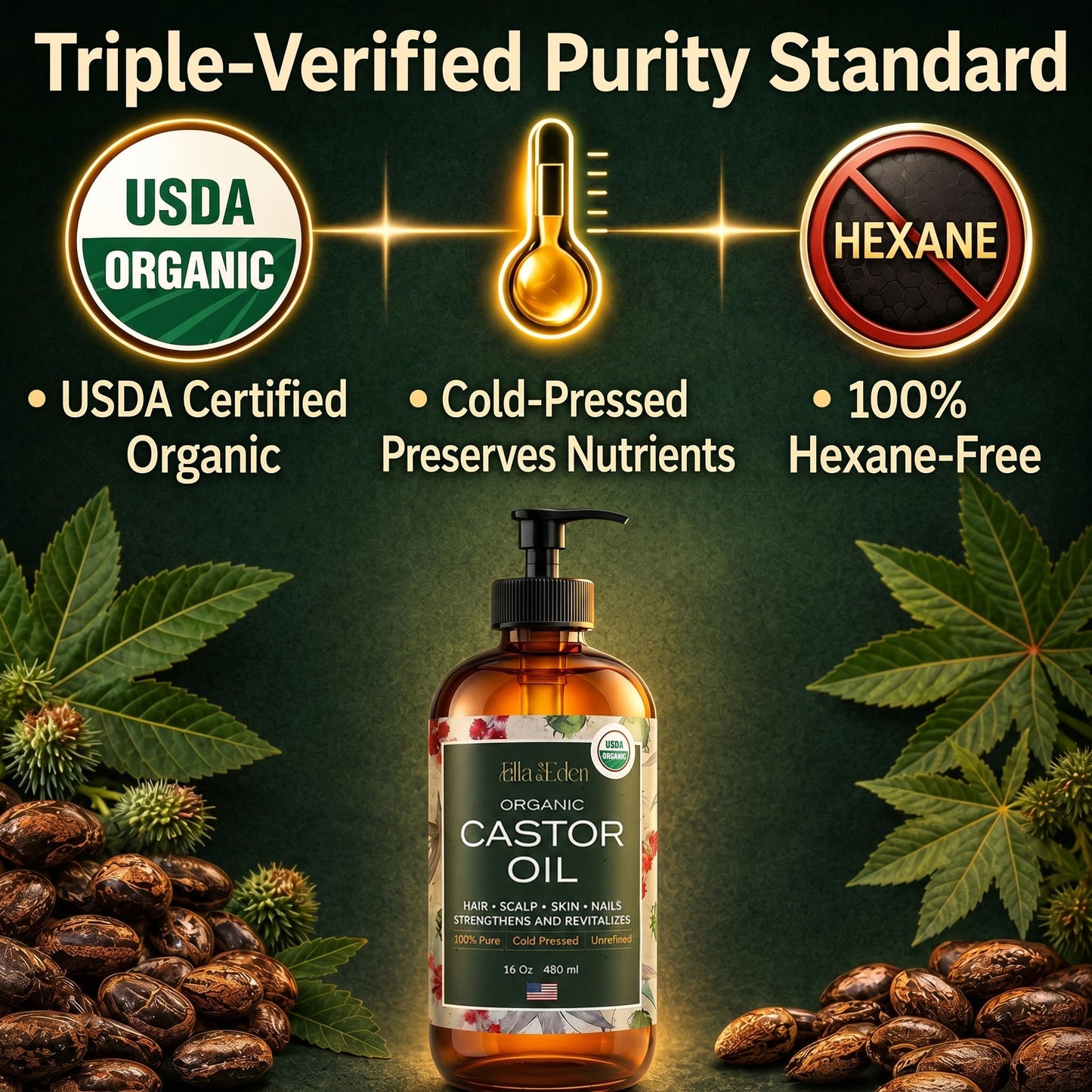 Ella & Eden USDA Organic Castor Oil - 100% Pure Cold Pressed Hexane-Free - Glass Bottle - For Hair Growth, Face, Eyelash, Skin, Stomach - Unrefined 16 Beauty and Personal Care Ella & Eden