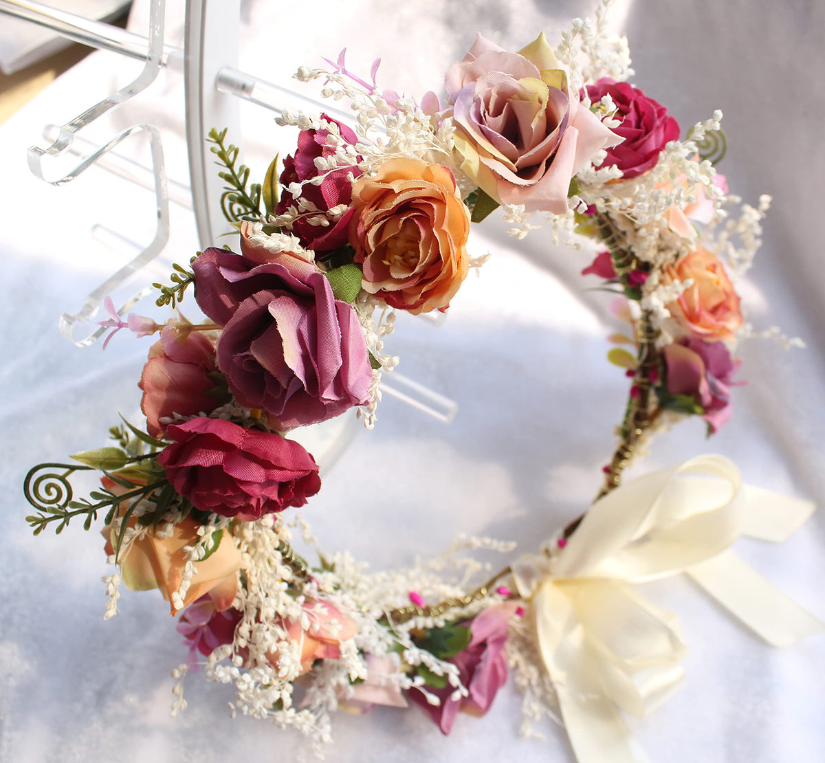 Vivivalue Rose Flower Crown Boho Flower Headband Floral Halo Party Pink
