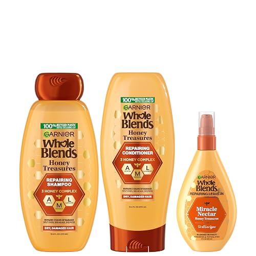 Garnier Whole Blends Honey Treasures Repairing Shampoo, Conditioner + Miracle Nectar Leave-In Set for Dry, Damaged Hair (3 Items), 1 Kit (Packaging Beauty & Personal Care Garnier