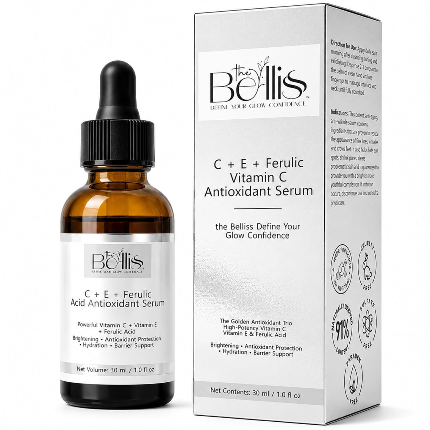 The Belliss Vitamin C Serum for Face - 15% L-Ascorbic Acid with Vitamin E & Ferulic Acid - Lightweight Facial Serum for Daily Skincare Routine Beauty & Personal Care The Belliss