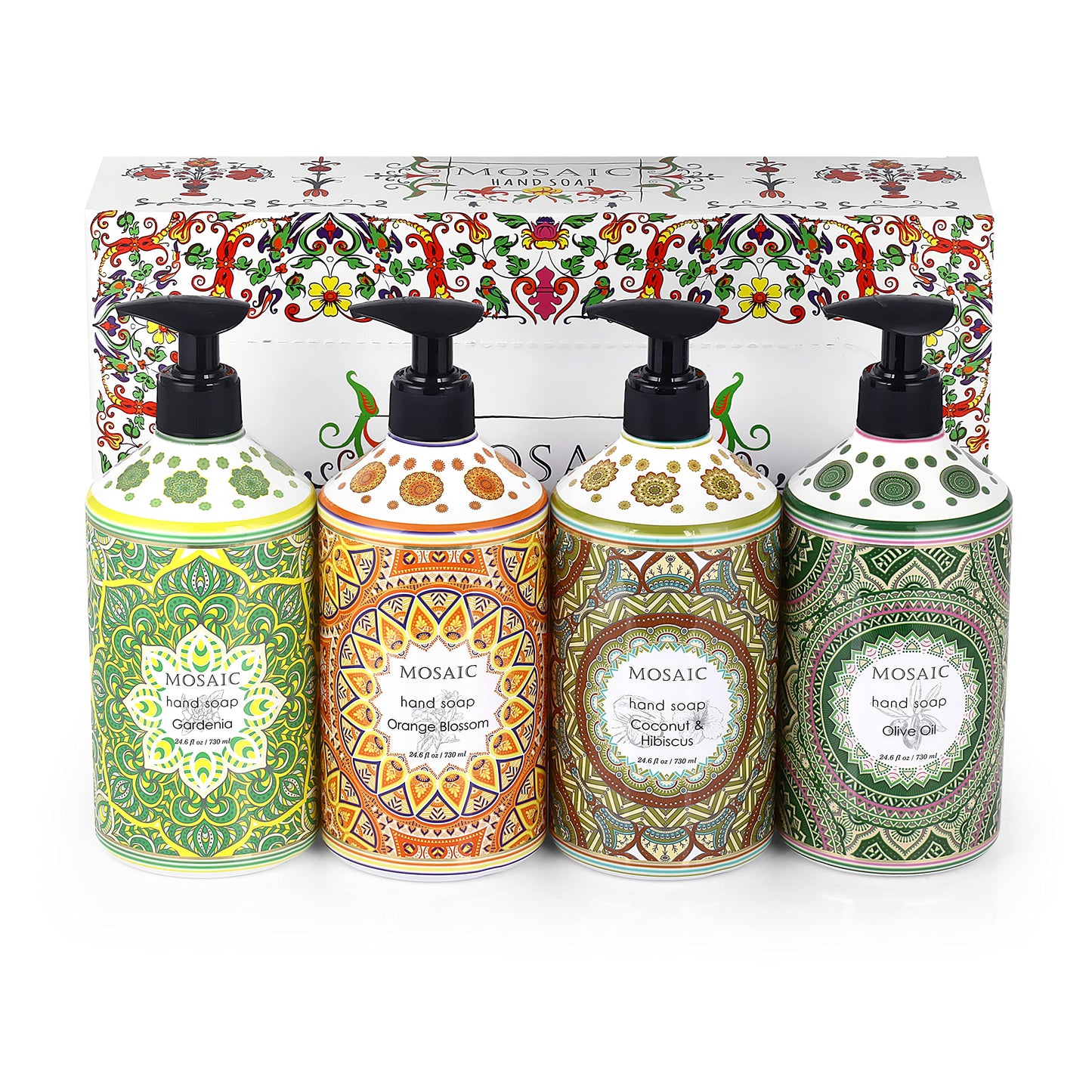 Mosaic Liquid Hand Soap / Wash Gift Set, Ideal Bathroom Kitchen Hand Soap Set , Olive Oil + Coconut & Hibiscus + Gardenia + Orange Blossom, 4 x 24.6 Beauty & Personal Care AnatoliaDaphne