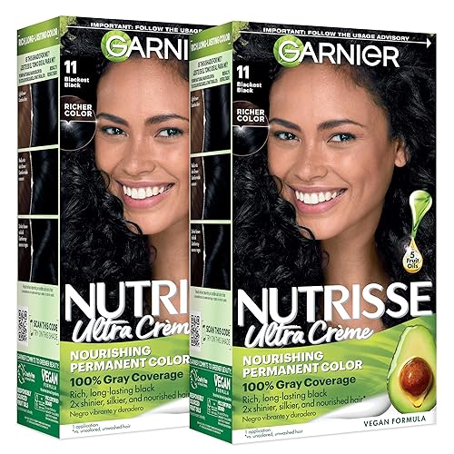 Garnier Nutrisse Ultra Crème Hair Color, Permanent Hair Dye with 100% Gray Coverage, Vegan & Cruelty-Free, 11 Blackest Black (Peppercorn), 2 Count Beauty & Personal Care Garnier