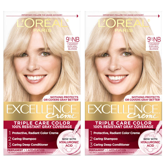 L'Oreal Paris Excellence Crème Permanent Hair Dye, Triple Care Hair Color with Hyaluronic Acid for 100% Gray Coverage, 9.5NB Lightest Natural Blonde