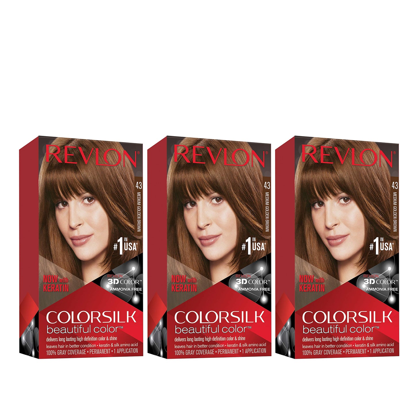Revlon Permanent Hair Color, Permanent Hair Dye, Colorsilk with 100% Gray Coverage, Ammonia-Free, Keratin and Amino Acids, 43 Medium Golden Brown, 4.4 Beauty & Personal Care REVLON