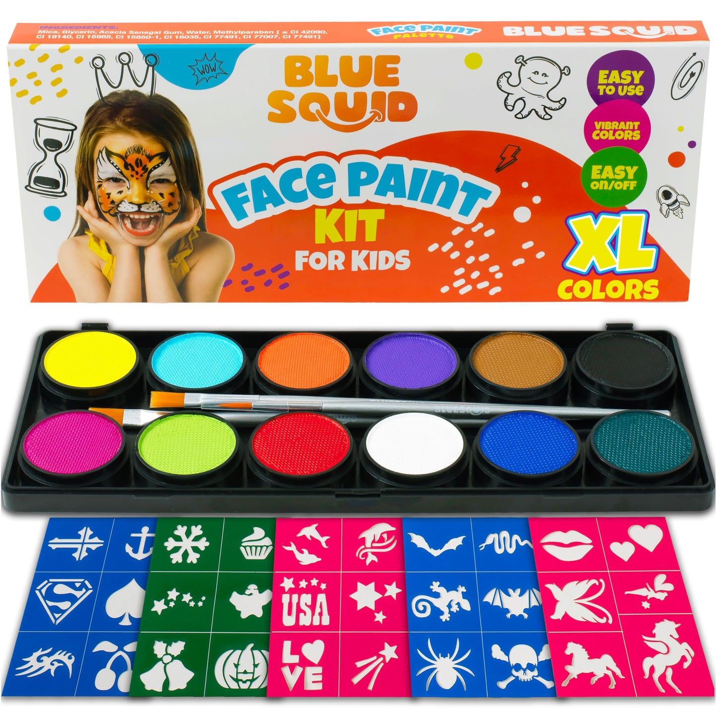 Blue Squid Face Painting Kit for Kids - 120g/4.23oz Face Paint Kit Palette, Stencils, 12 Colors - Safe for Sensitive Skin, Non Toxic Face Painting Kit Beauty & Personal Care Blue Squid