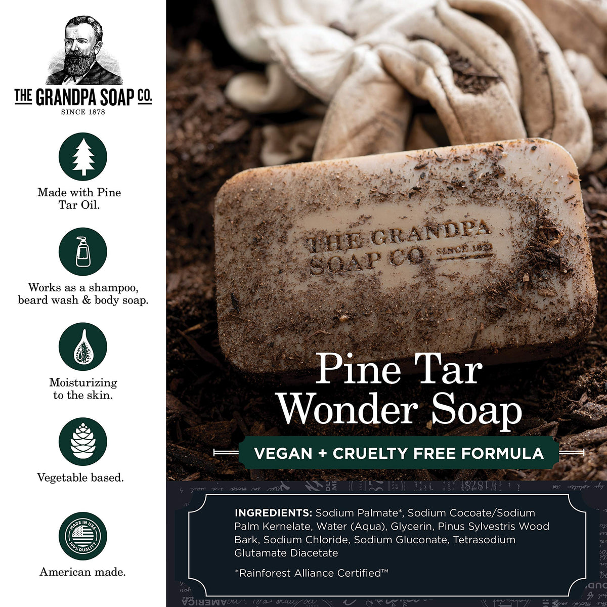 Pine Tar Bar Soap by The Grandpa Soap Company | The Original Wonder Soap | 3-in-1 Cleanser, Deodorizer & Moisturizer | 4.25 Oz. Each 3 Pack Beauty & Personal Care The Grandpa Soap Company