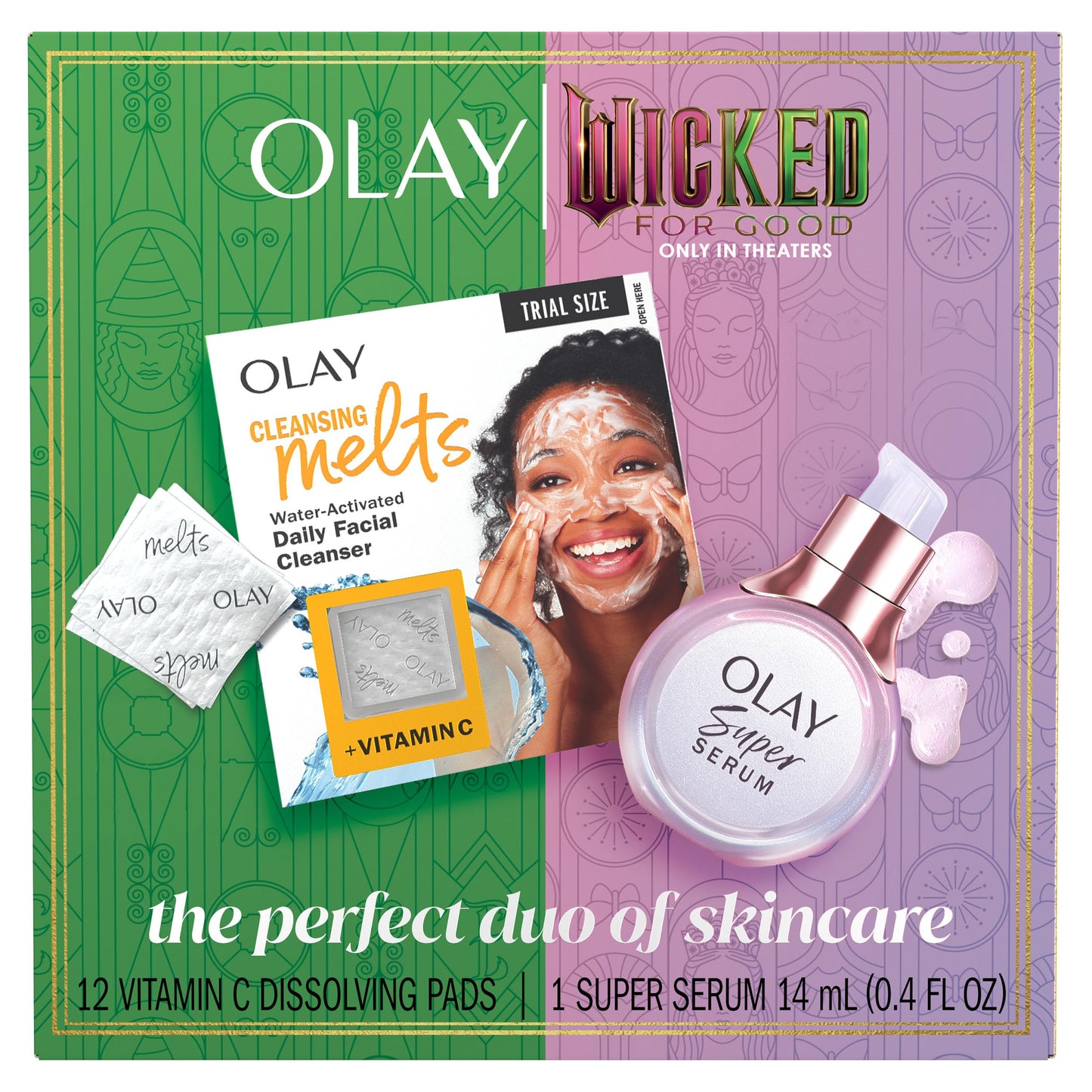 Olay x Wicked: For Good: Perfect Duo Skin Care Set, Skin Care Gift Set, 2pc, Vitamin C Cleansing Melts 12 Count, Super Serum Trial Size 0.4 FL OZ Beauty & Personal Care Olay