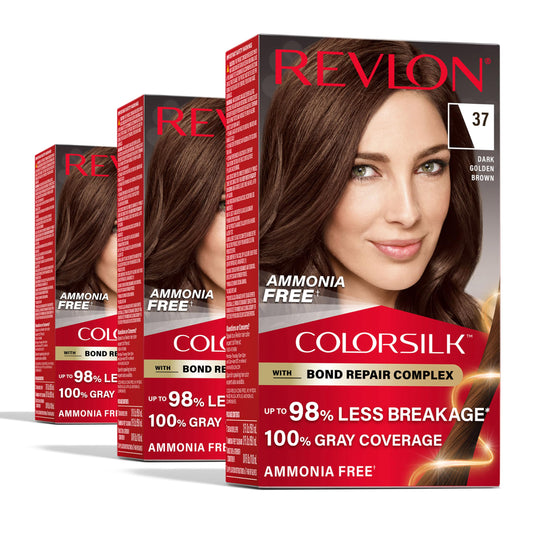 Revlon ColorSilk with Bond Repair Complex, Brown Permanent Hair Color, 100% Gray Coverage, Ammonia Free Hair Dye, Vegan Keratin, 37 Dark Golden Brown Beauty & Personal Care REVLON
