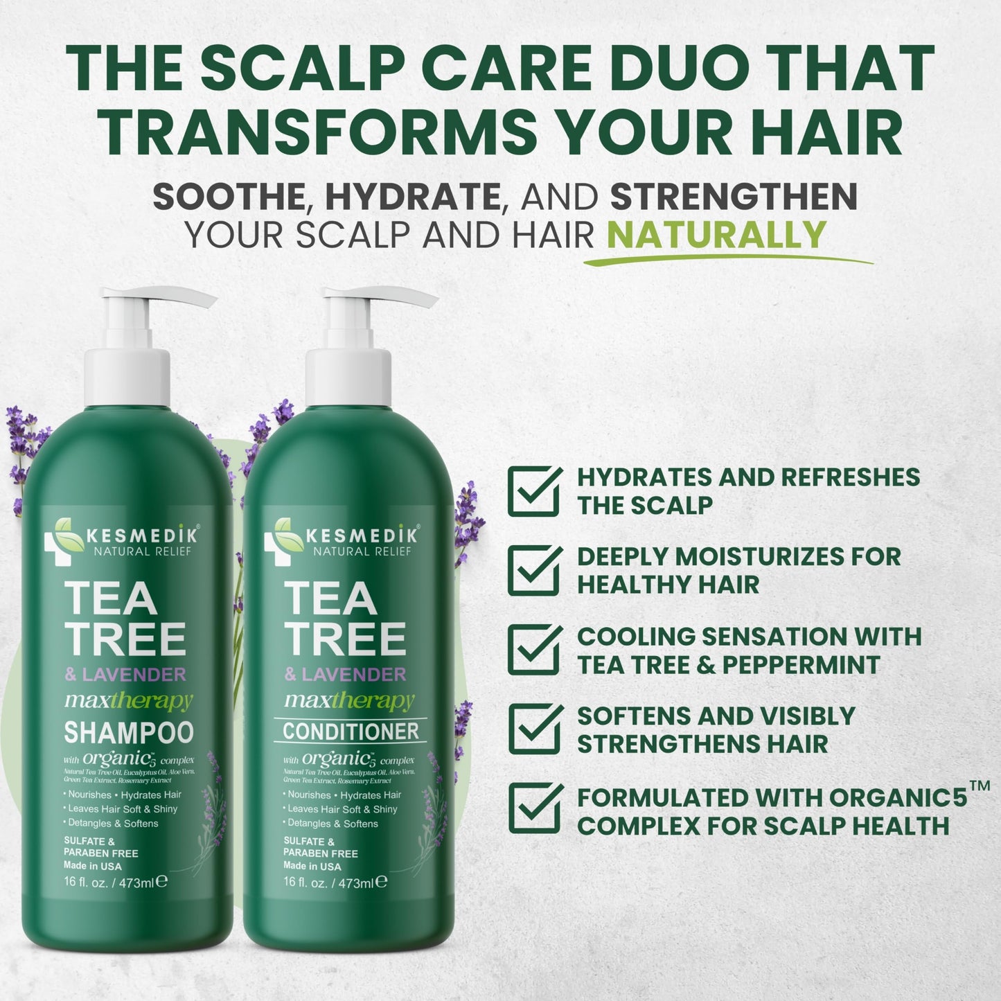 KESMEDIK Tea Tree Lavender Shampoo & Conditioner Set with Mint & Rosemary, Cleanses, Cools & Soothes Dry, Itchy Scalp, Sulfate & Paraben-Free, For All Beauty & Personal Care KESMEDIK