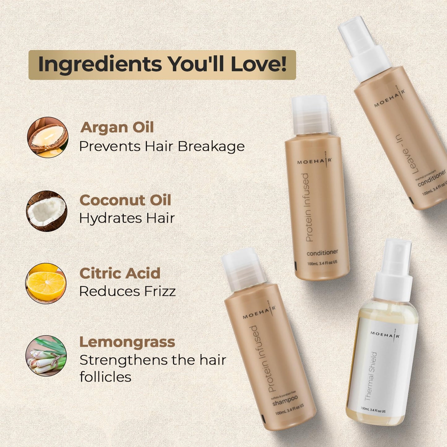 Moehair Travel Size Toiletries (Protein-Infused Shampoo, Conditioner, Leave-In Conditioner & Heat Protectant Spray) |Travel Shampoo and Conditioner Beauty & Personal Care MOEHAIR