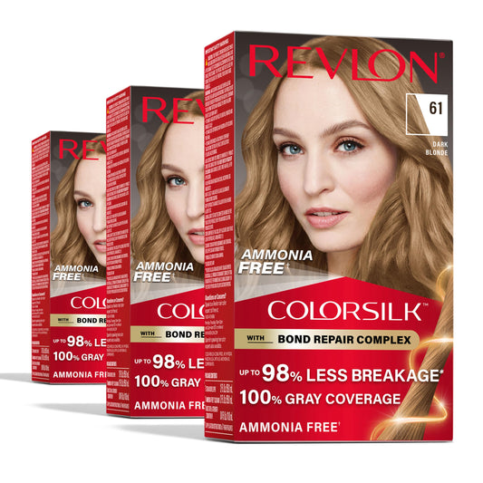 Revlon ColorSilk with Bond Repair Complex, Blonde Permanent Hair Color, 100% Gray Coverage, Ammonia Free Hair Dye, Vegan Keratin, 61 Dark Blonde (Pack Beauty & Personal Care REVLON