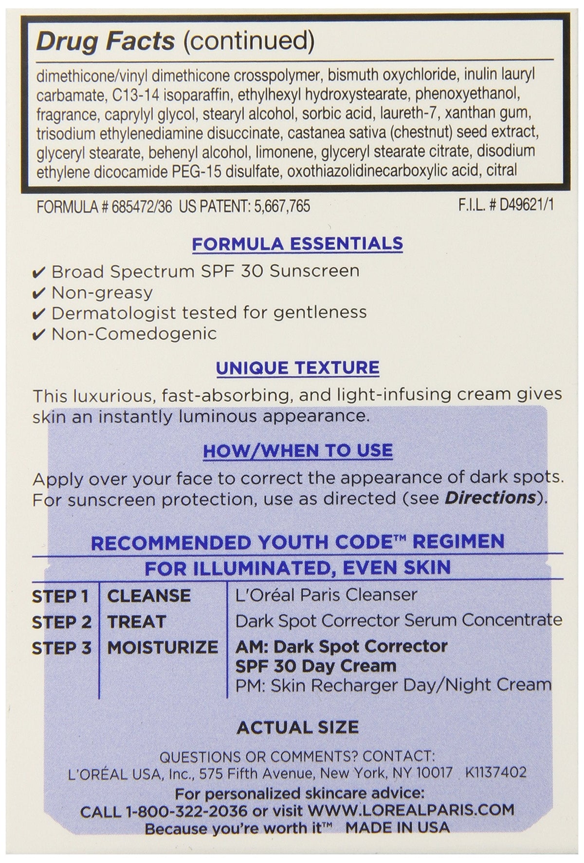 Dark Spot Corrector Face Moisturizer with SPF 30 for Even Skin Tone by L’Oreal Paris, Youth Code Anti-Aging Day Cream, Non-greasy, 1.7 oz. Beauty & Personal Care L'Oreal Paris