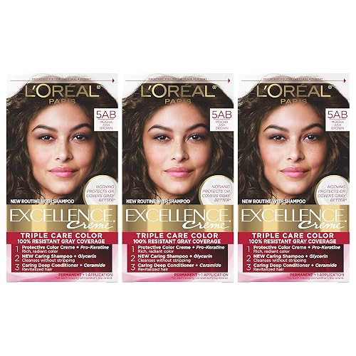 L'Oreal Paris Excellence Creme Permanent Hair Color, 5AB Mocha Ash Brown, 100 percent Gray Coverage Hair Dye, Pack of 3 Beauty & Personal Care L'Oreal Paris