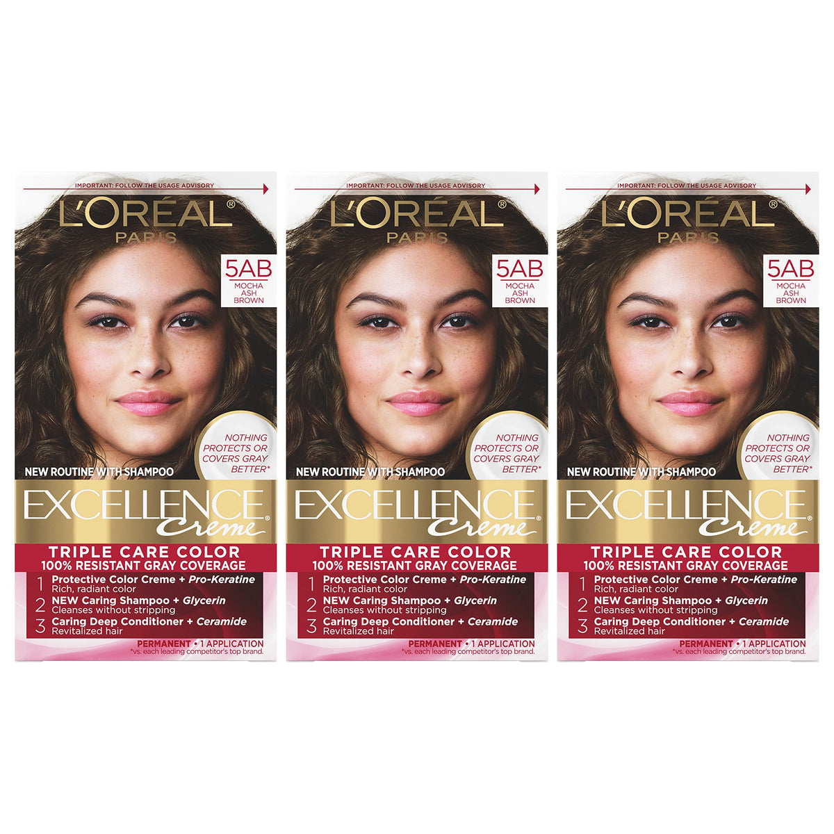 L'Oreal Paris Excellence Creme Permanent Hair Color, 5AB Mocha Ash Brown, 100 percent Gray Coverage Hair Dye, Pack of 3 Beauty & Personal Care L'Oreal Paris
