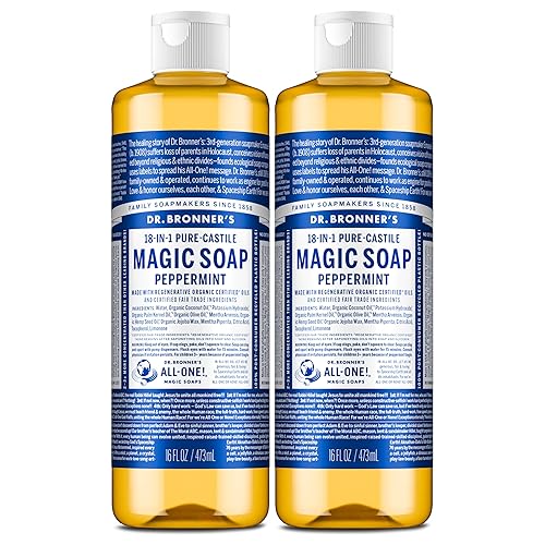Dr. Bronner's Magic Soap-Pure-Castile Liquid Soap (Peppermint, 16 ounce, 2-Pack)-Regenerative Organic Certified Oils, 18-in-1 Uses: Body, Hair Beauty & Personal Care Dr. Bronner's