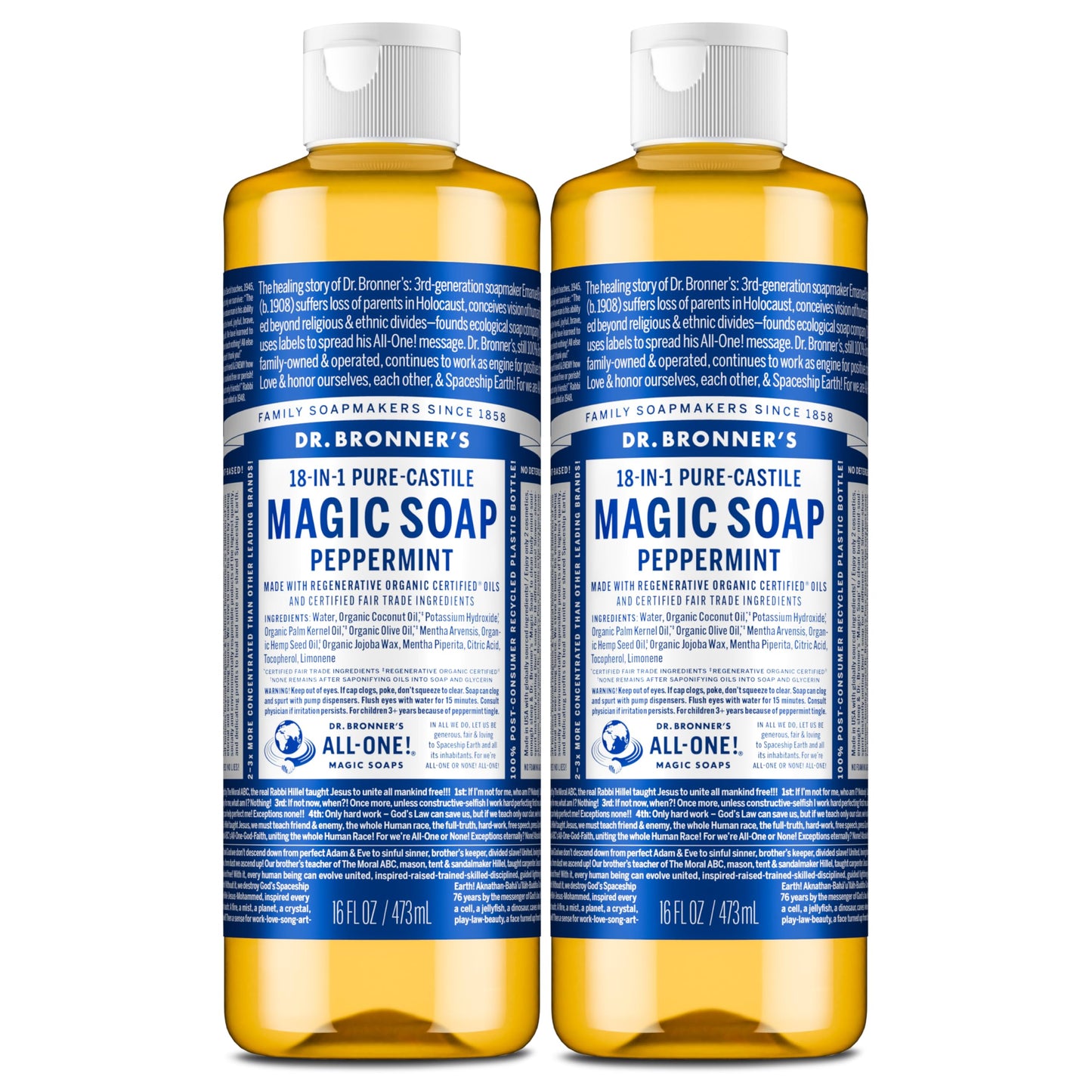 Dr. Bronner's Magic Soap-Pure-Castile Liquid Soap (Peppermint, 16 ounce, 2-Pack)-Regenerative Organic Certified Oils, 18-in-1 Uses: Body, Hair Beauty & Personal Care Dr. Bronner's